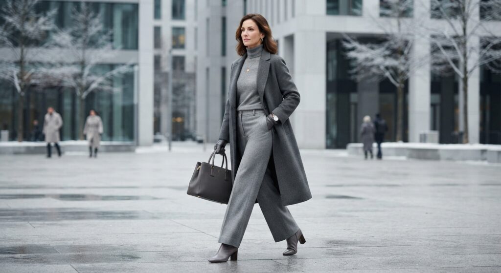 Woman wearing a monochromatic grey sweater and trousers for winter work.