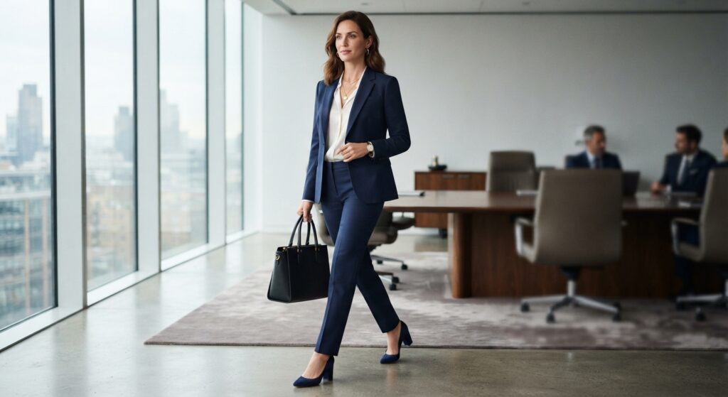 Woman in a tailored navy suit and white shirt for formal workwear