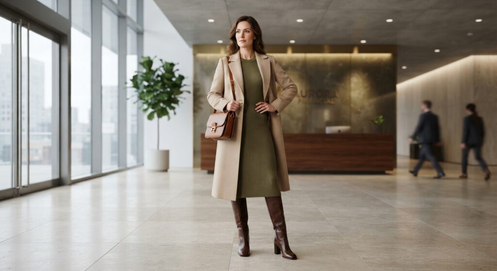 Woman wearing an olive knit dress and brown boots for work