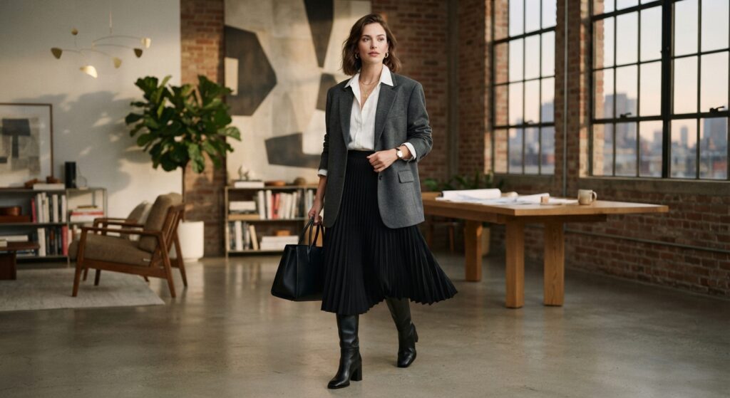 Woman wearing an oversized blazer and pleated skirt for creative winter workwear