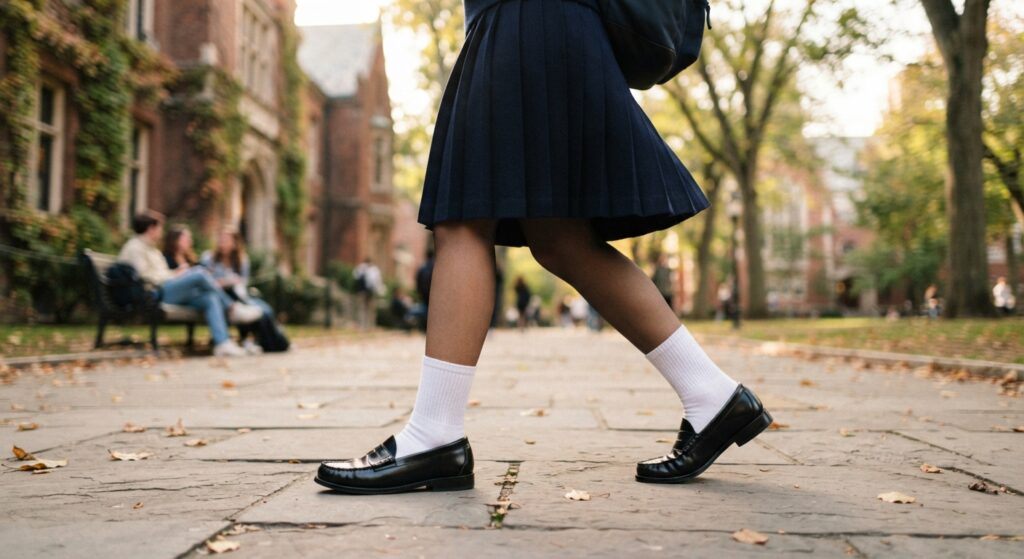 Close up of black leather penny loafers and white crew socks