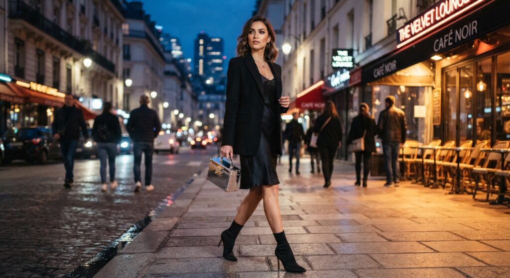 Woman wearing sleek sock boots and a metallic clutch for evening wear