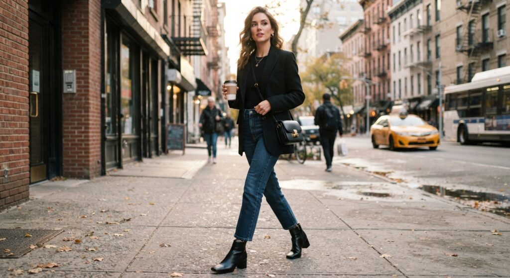 Woman wearing black square-toe ankle boots with denim and a blazer
