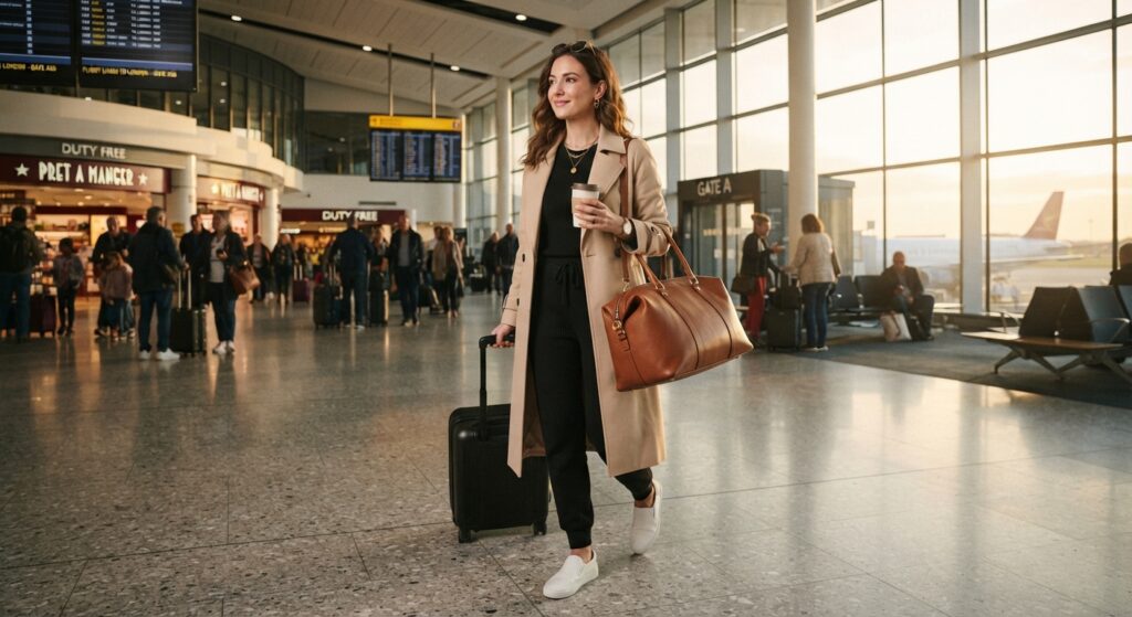 Woman walking in an airport terminal wearing a trench coat and comfortable travel clothes