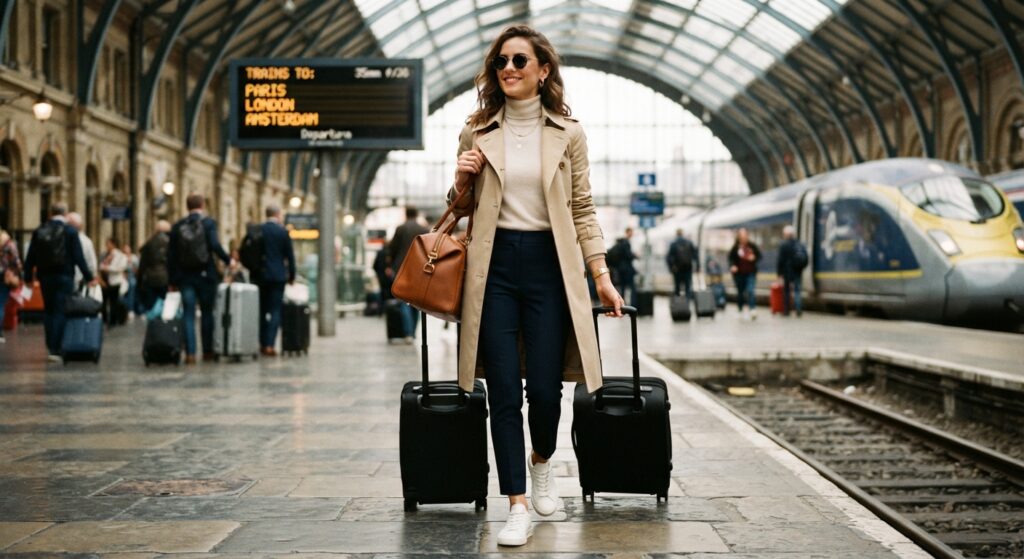 Woman wearing a beige trench coat and stretch trousers for travel