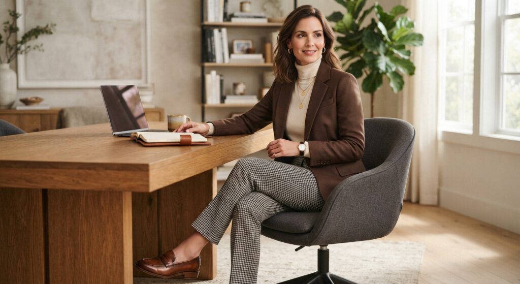 Woman wearing a cream turtleneck, brown blazer, and houndstooth trousers for work.