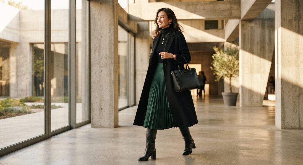 Woman wearing a black turtleneck and green pleated skirt for work