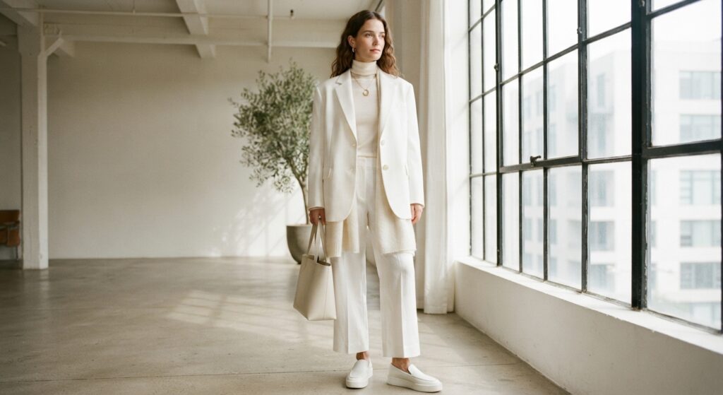 Woman wearing crisp white and cream layered clothing