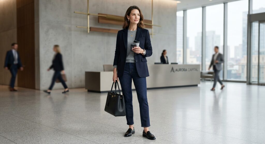 Woman wearing a navy blazer and dark jeans for a winter work outfit